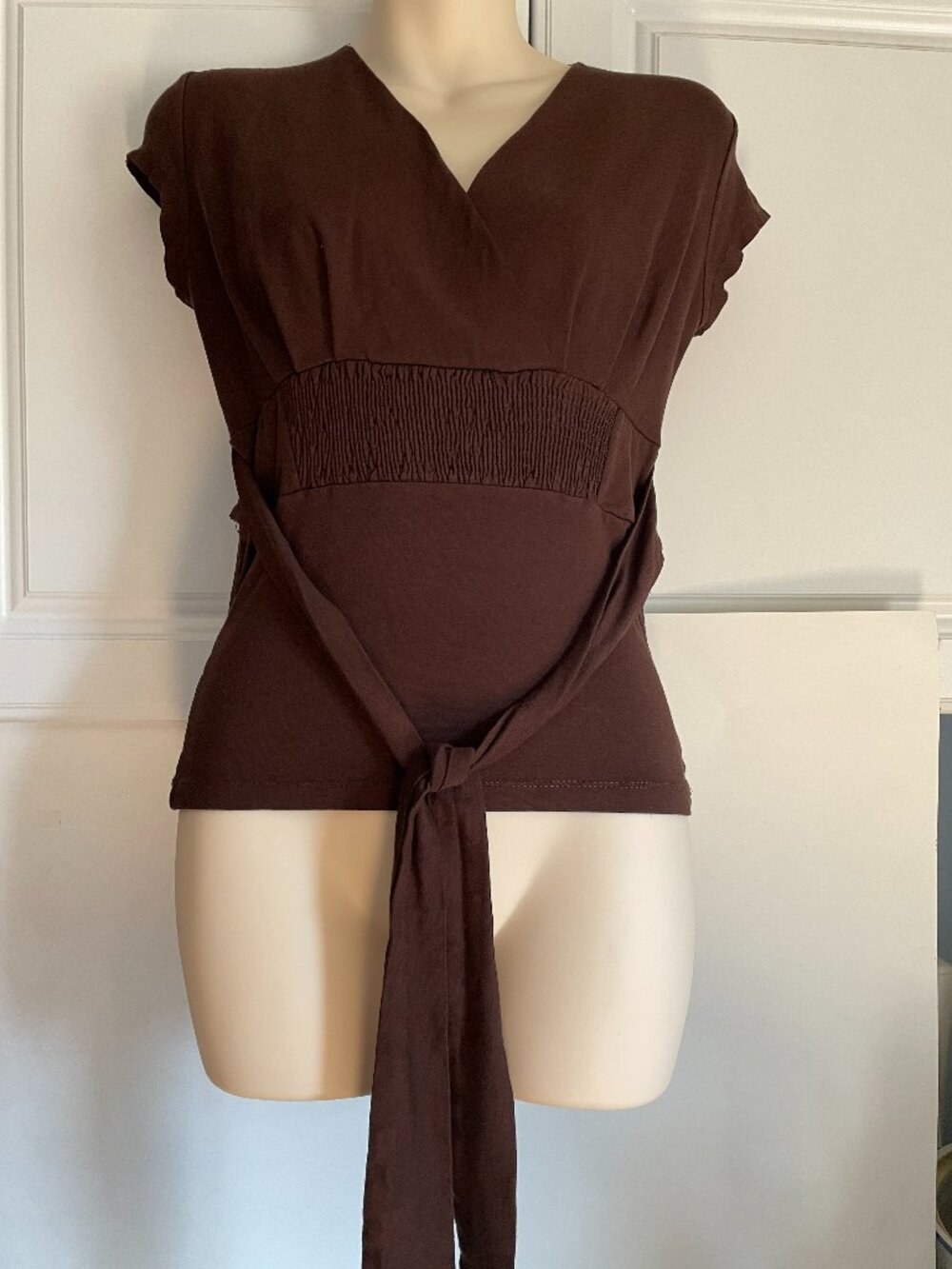 Womens Medium Vintage Y2K Chocolate Brown Stretch Angie Top 90s with Ties